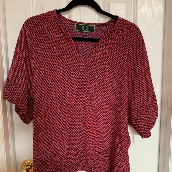 C. Wonder Blue + Red 100% Silk Blouse - Picture 1 of 5